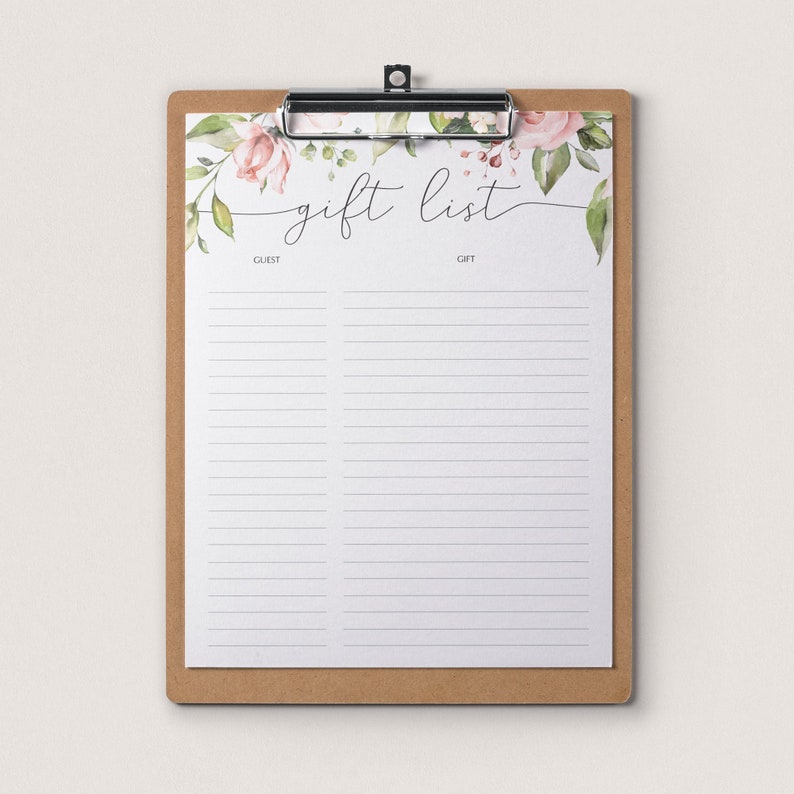 Blush Floral Gift List Bridal Shower Gift List Printable Sheet Pink Flowers Gift Log Instant Download Pink Floral Gift Tracker Template BB1 image 3