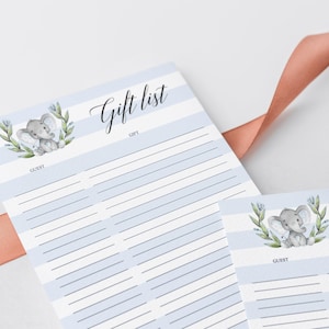 Gift List for Baby Shower Gift List Printable, Baby Elephant Theme Baby Shower Gift Tracker, Gift List Sheets, Birthday Instant Download LBE image 2