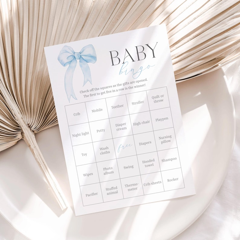 Coquette Baby Shower Bingo Game: Blue Bow, 60 Printable Cards (Digital Download) BL1 image 2