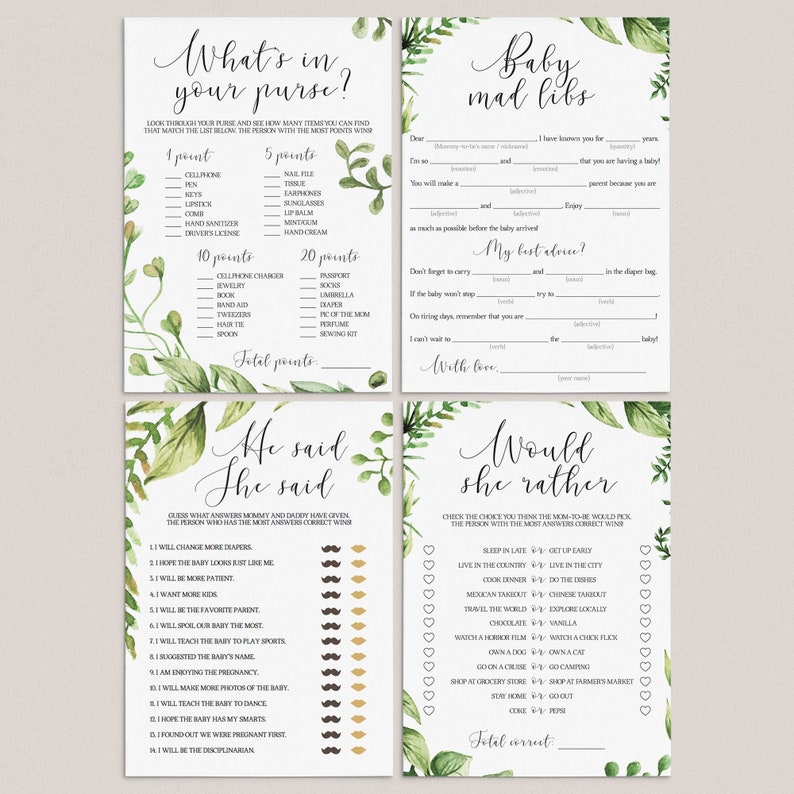  popular baby shower games set instant download green leaf etsy australia