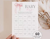 60 Baby Bingo Cards Coquette Baby Shower Bingo Printable Prefilled Baby Bingo Cards Pink Bow Baby Shower Bingo Game for Large Group Girl PB1