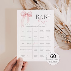 60 Baby Bingo Cards Coquette Baby Shower Bingo Printable Prefilled Baby Bingo Cards Pink Bow Baby Shower Bingo Game for Large Group Girl PB1