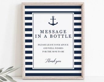 Nautical Baby Shower Messages Anchor Message in a Bottle Sign Navy Baby Shower Decorations Boy Baby Shower Games Blue Striped Decor PDF NS1