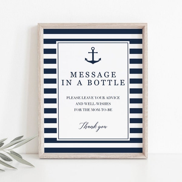 Nautical Baby Shower Messages Anchor Message in a Bottle Sign Navy Baby Shower Decorations Boy Baby Shower Games Blue Striped Decor PDF NS1