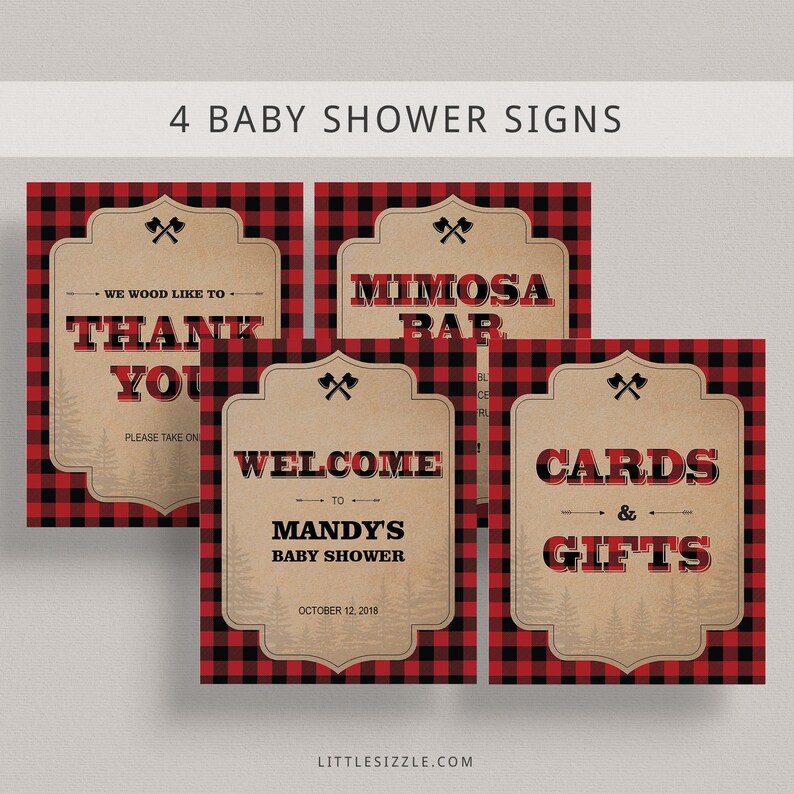 Forest Babyshower Signs Package Printable Baby Shower Welcome Sign Lumberjack Themed Favors Sign Cards and Gifts Table Decorations Plaid LL2 image 1