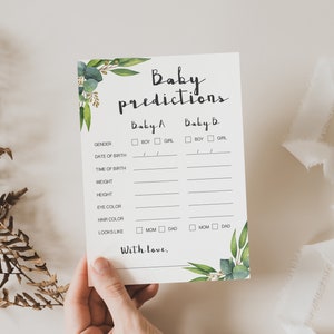 Botanische kaart babyvoorspelling Afdrukbare genderneutrale babyshower Voorspellingskaarten voor tweeling Babyshower Natuurthema babyshower Tweeling CE2