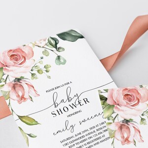 ピンク色のフローラルなベビーシャワー招待状（女の子用）すぐにダウンロードできるピンクの花柄ベビーシャワー招待状テンプレート（女の子用）印刷可能なBB1 画像 2