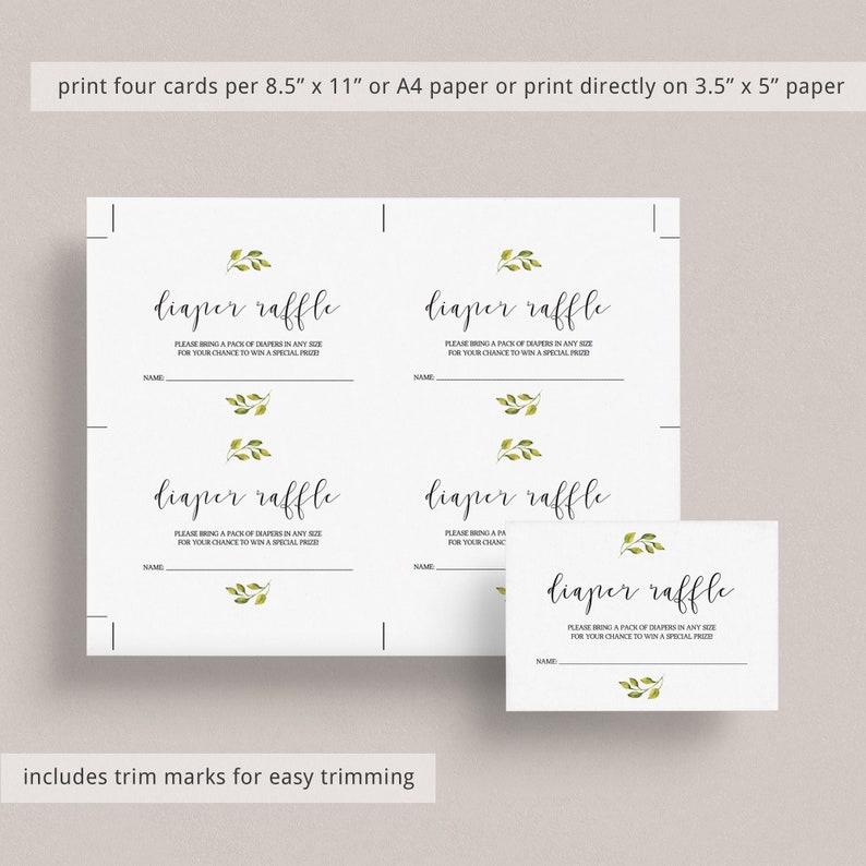Baby Diaper Raffle Ticket Printable Greenery Baby Shower Invitation Enclosure Cards Baby Shower Diaper Raffle Card Instant Download Leaf CG2