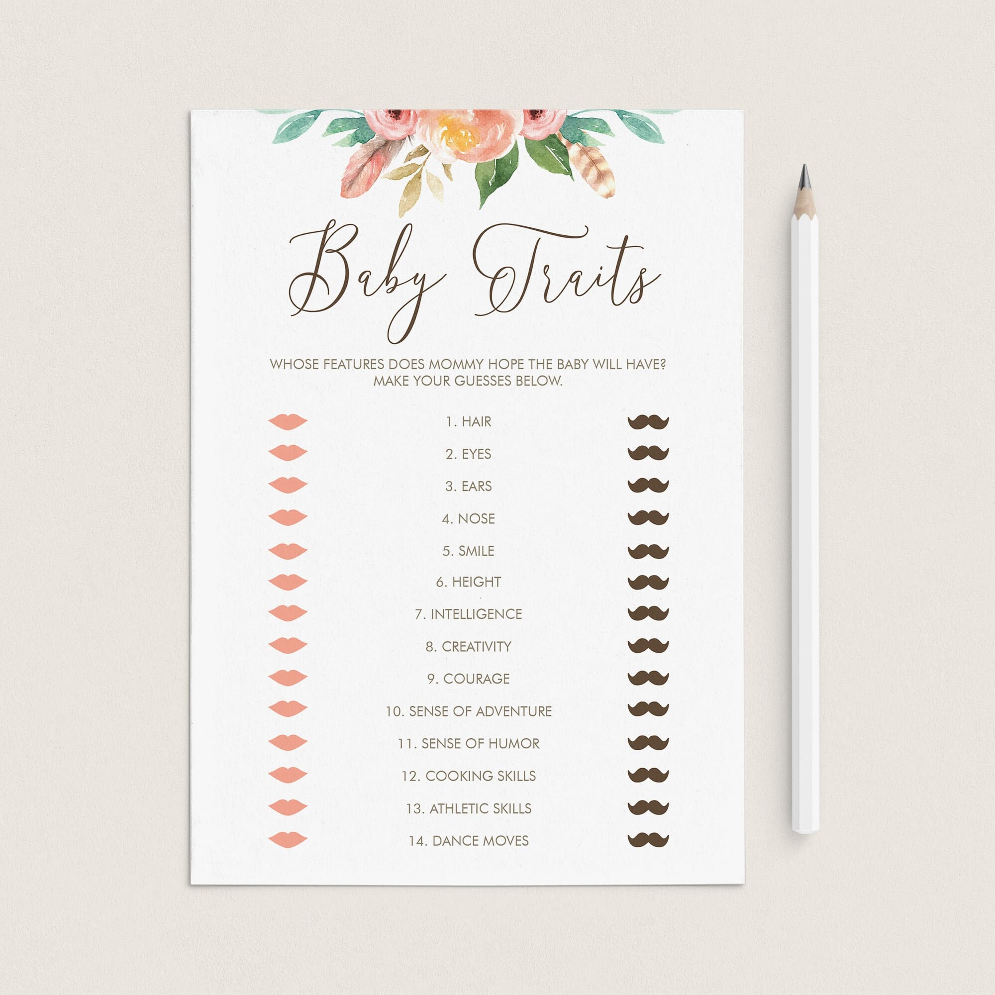 Baby Traits Game Coed Baby Shower Games Printable Boho Baby Etsy
