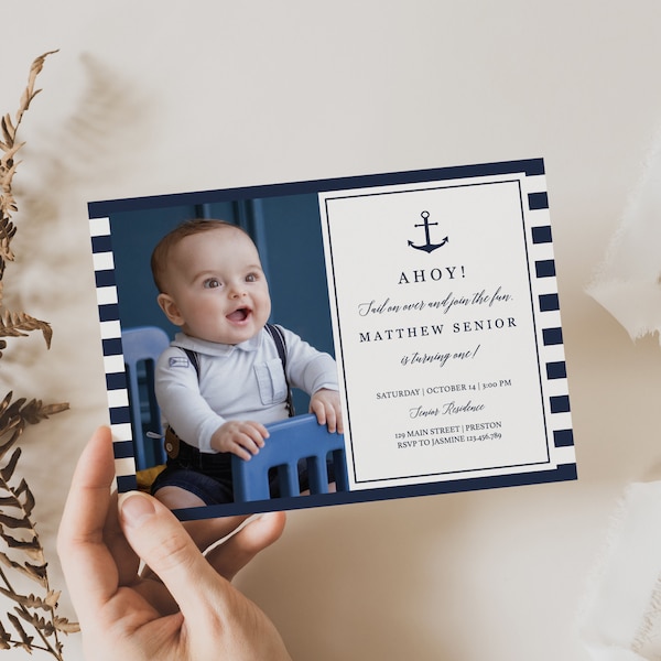 Nautical Birthday Invitation with Picture Baby Boy First Birthday Invitation Template Anchor Birthday Invite Beach Theme Invitation Card NS1