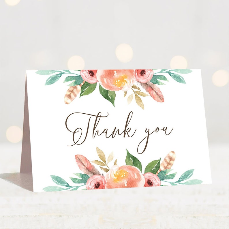 Boho Chic Thank You Card Template Floral Baby Shower Thank You Etsy