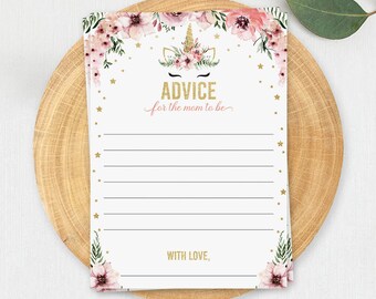 Unicorn Floral Baby Shower Advice For the Mom to Be Card Gold and Pink Unicorn Babyshower Advice Cards Printable Advice and Well Wishes MU1