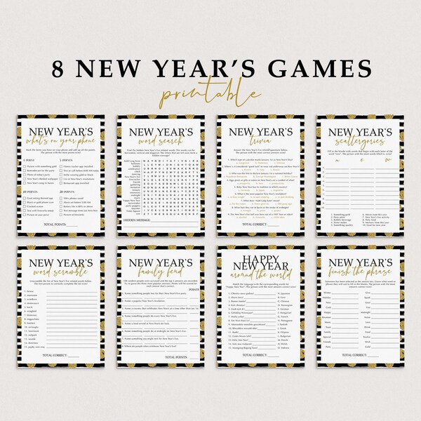 New Years Eve Games Bundle Printable Black and Gold New Years Games Instant Download NYE Party Game Pack Word Search Family Feud Trivia BG3