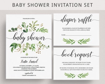 Greenery Baby Shower Invitation Set Green Leaf Baby Shower Invitation Template Foliage Babyshower Invitation Bundle Diaper Raffle Ticket GL1