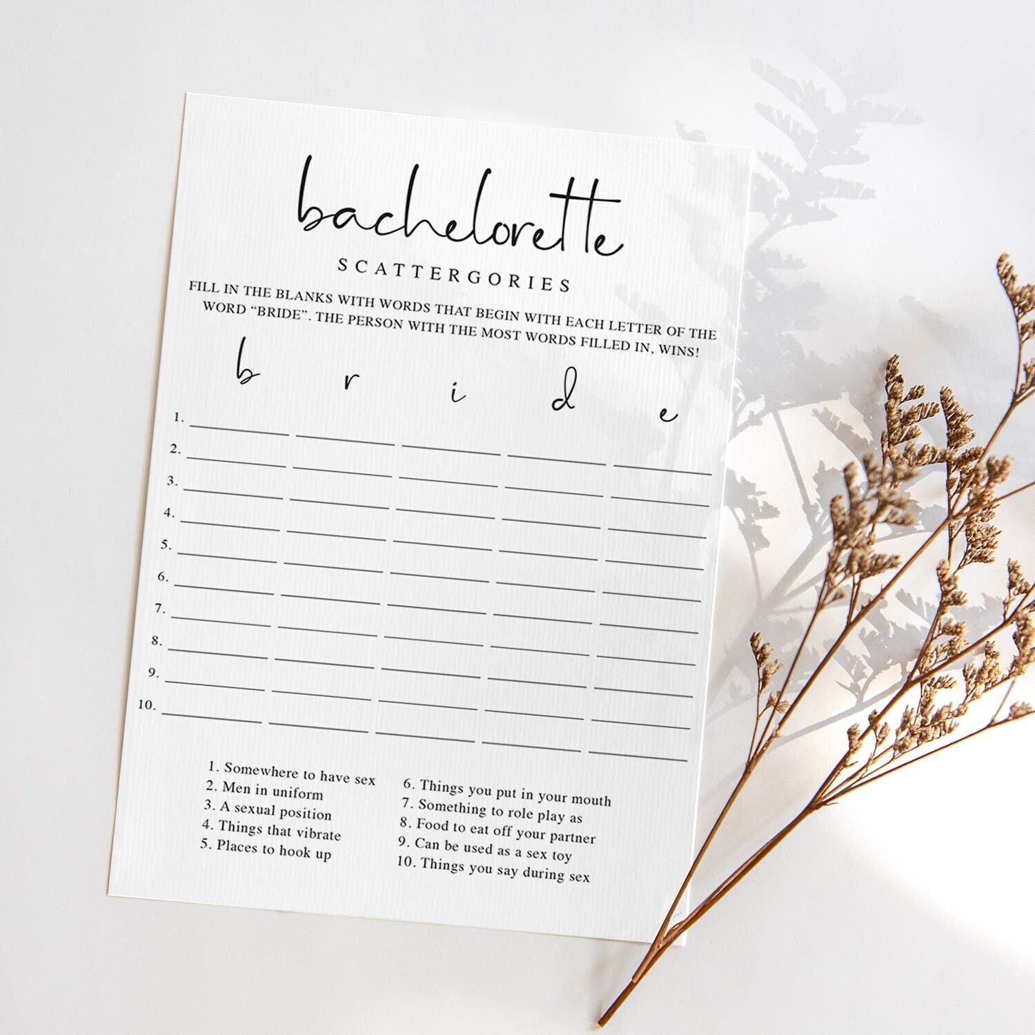 Dirty Bachelorette Scattergories Game Printable Minimalist - Etsy