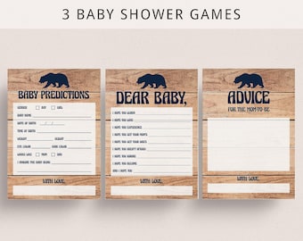 Recuerdos rústicos para baby shower, juegos para baby shower de descarga instantánea, temática de animales del bosque, paquete de juegos para baby shower de niño con osito (BBL)