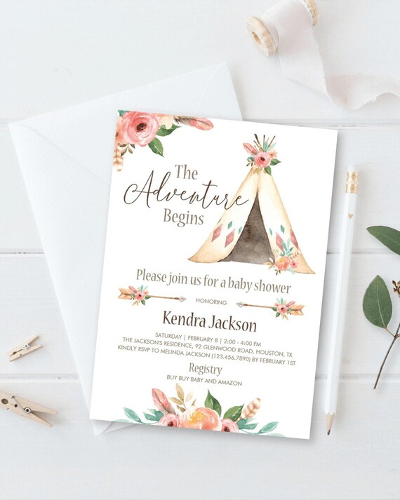 Boho Chic Baby Shower Invitation Template Tribal Baby Shower Card Floral Tipi Babyshower Invites Instant Download Pink Flower Invitation Tr1