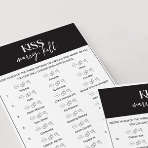 Kiss Marry Kill Game for Bachelorette Party Who Would You Kiss Marry or ...