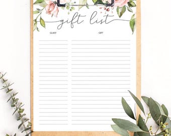 Blush Floral Gift List Bridal Shower Gift List Printable Sheet Pink Flowers Gift Log Instant Download Pink Floral Gift Tracker Template BB1