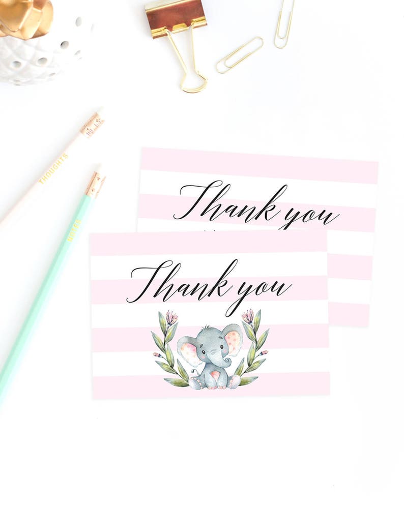 Elephant Thank You Cards Baby Shower Elephant Thank You Cards Printable Pink and White Baby Shower Decor Instant Download Pink Elephant LPE