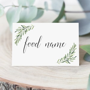 Elegante Lebensmittelkarten für Buffet Greenery Hochzeit Lebensmitteletiketten Vorlage Brautparty Lebensmittelschilder Druckbare bearbeitbare Lebensmittelkarte Buffetkarten OF2