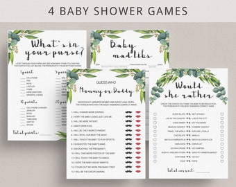 Eucalyptus Baby Mad Libs Game Printable Baby Shower Games Bundle Would She Rather Babyshower Game Mommy or Daddy Guessing Game Purse PDF CE2