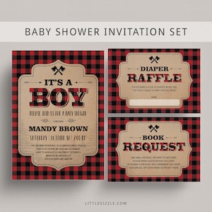 Buffalo Plaid Baby Shower Invitation Set Instant Download Fall Baby Shower Invitation Lumberjack Themed Invite Template Boy Babyshower LL2 image 1