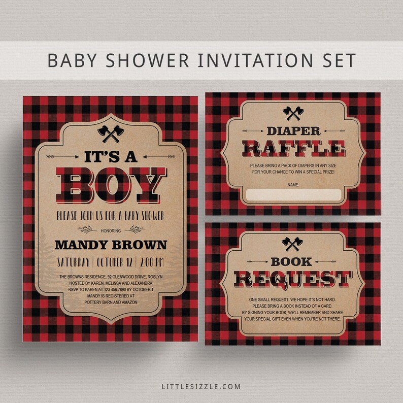 Buffalo Plaid Baby Shower Invitation Set Instant Download Fall Baby Shower Invitation Lumberjack Themed Invite Template Boy Babyshower LL2 image 1