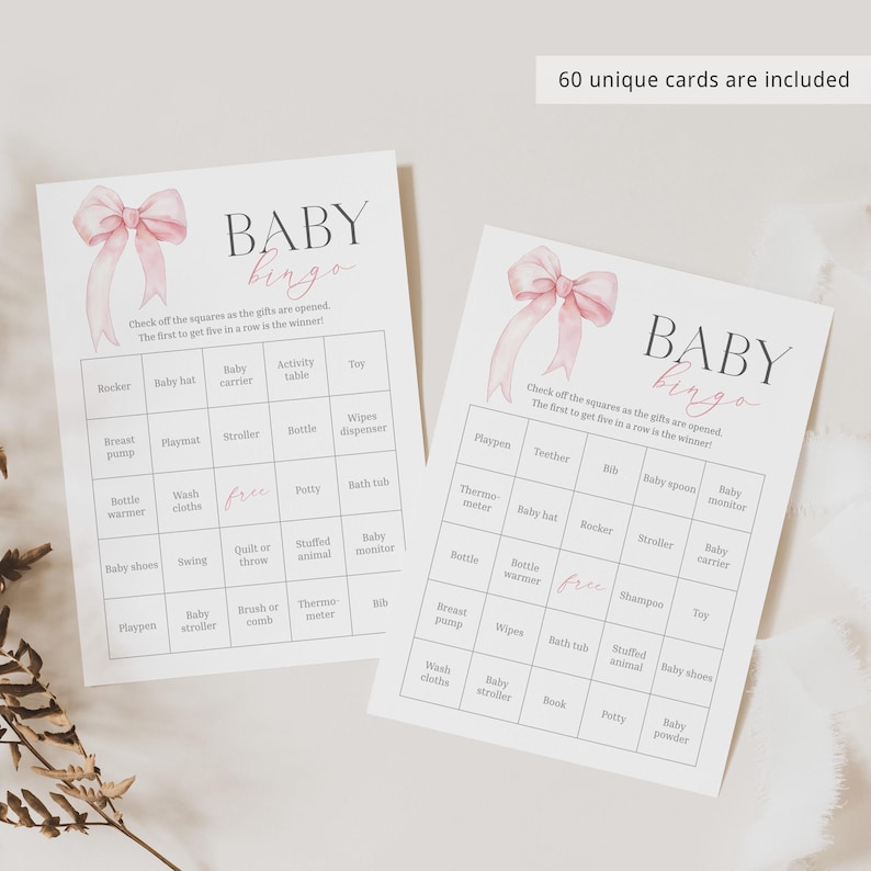 60 Baby Bingo Cards Coquette Baby Shower Bingo Printable Prefilled Baby Bingo Cards Pink Bow Baby Shower Bingo Game for Large Group Girl PB1 image 4