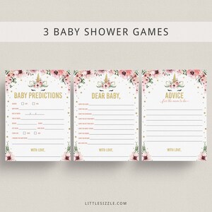 Bloemen eenhoorns babyshower spelletjes afdrukbare gouden sterren babyshower babywensen kaartsjabloon roze bloemen gouden eenhoorn babyshower advies MU1
