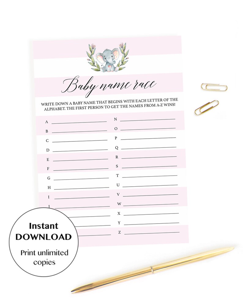 Elephant Baby Shower Games Bundle Instant Download Safari Babyshower Games Pink and White Name That Baby Animal Elephant Themed Emojis LPE