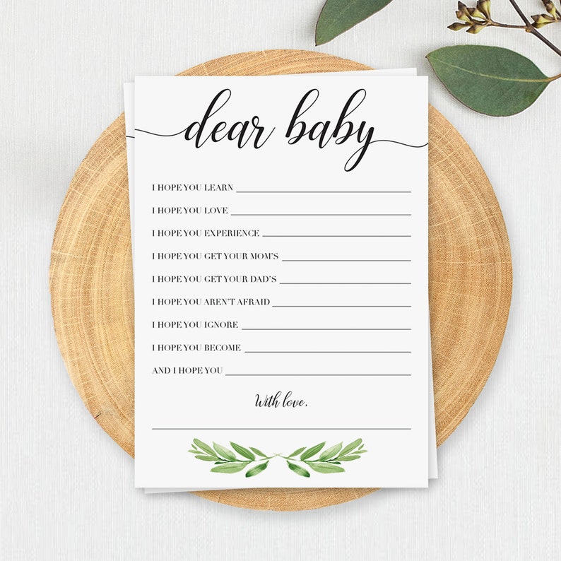 Baby Shower Games Printable Dear Baby Shower Game Instant Download Green Leaves Watercolor Baby Shower Game Baby Wishes Download Baby GL1 image 1