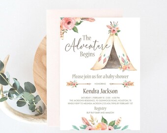 Boho chic babyshower uitnodiging sjabloon Tribal babyshower kaart bloemen tipi babyshower nodigt Instant Download roze bloem uitnodiging TR1
