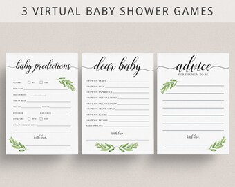 Greenery Baby Shower Games for Zoom Baby Party Printables Virtual Baby Shower Dear Baby Game Virtual Baby Wishes Virtual Advice Cards GL1