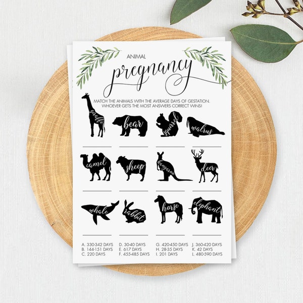 Animal Pregnancy Baby Shower Game Animal Gestation Game Printable How Long is Each Animal Pregnant Greenery Baby Shower Animal Games PDF OF2