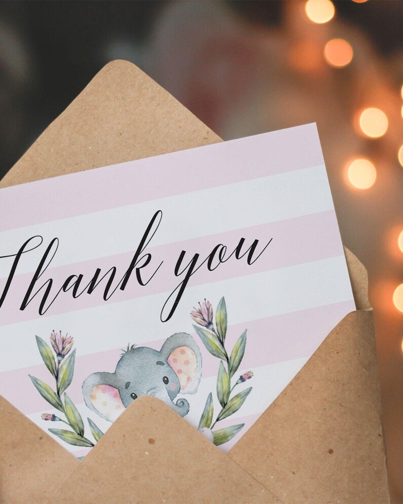 Elephant Thank You Cards Baby Shower Elephant Thank You Cards Printable Pink and White Baby Shower Decor Instant Download Pink Elephant LPE