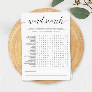 Baby Word Search Game Calligraphy Baby Shower Word Search Printable Word Search with Hidden Message Rustic Baby Shower Games Downloads CL2