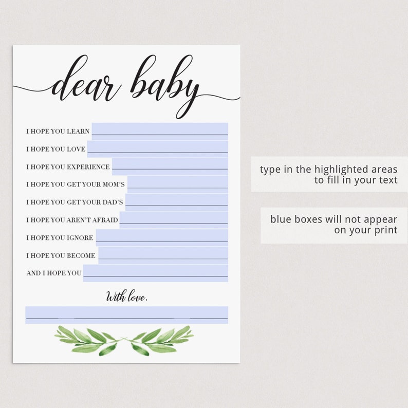 Greenery Baby Shower Games for Zoom Baby Party Printables Virtual Baby Shower Dear Baby Game Virtual Baby Wishes Virtual Advice Cards GL1