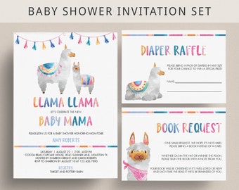 Bundle d'invitations baby shower lama maman neutre sexiste Cartes d'invitation baby shower lama lama carte d'invitation apporter un livre LM1