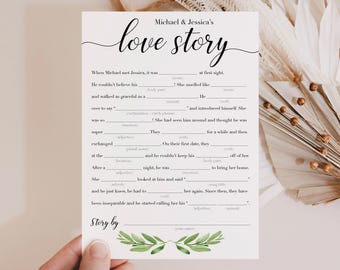 Funny Bridal Shower Games Printable Greenery Bridal Shower Mad Libs Template Editable Bridal MadLibs DIY Wedding Shower Love Story Game GL1