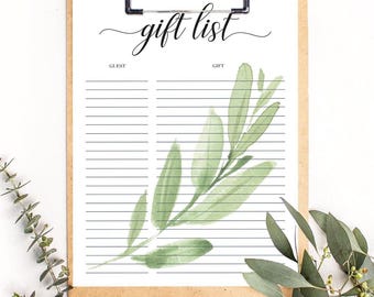 Gift List Printable, Green Baby Shower Guest List Instant Download, Gift Checklist, Botanical Baby shower Gift Tracker, Guest and Gift, GL1
