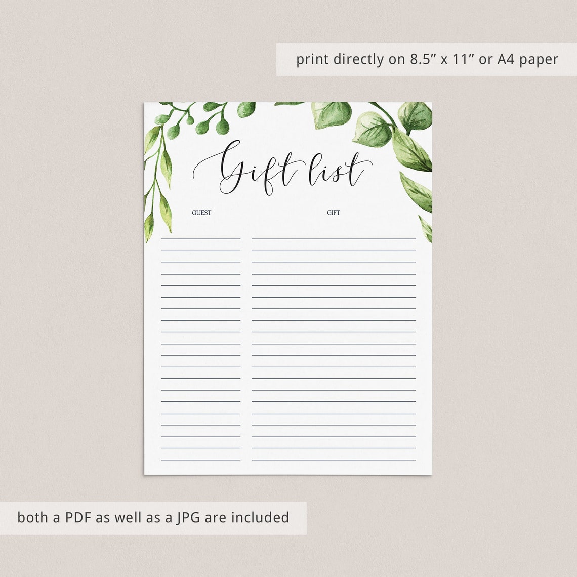 Greenery Baby Shower Gift Tracker Printable Leafy Green Etsy