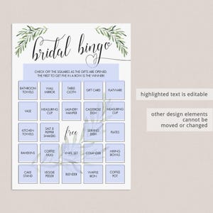 Greenery Bridal Bingo Cards Botanical Bridal Shower Bingo Template Editable Garden Bridal Party Games Printable Green Bridal Shower Game OF2 image 3