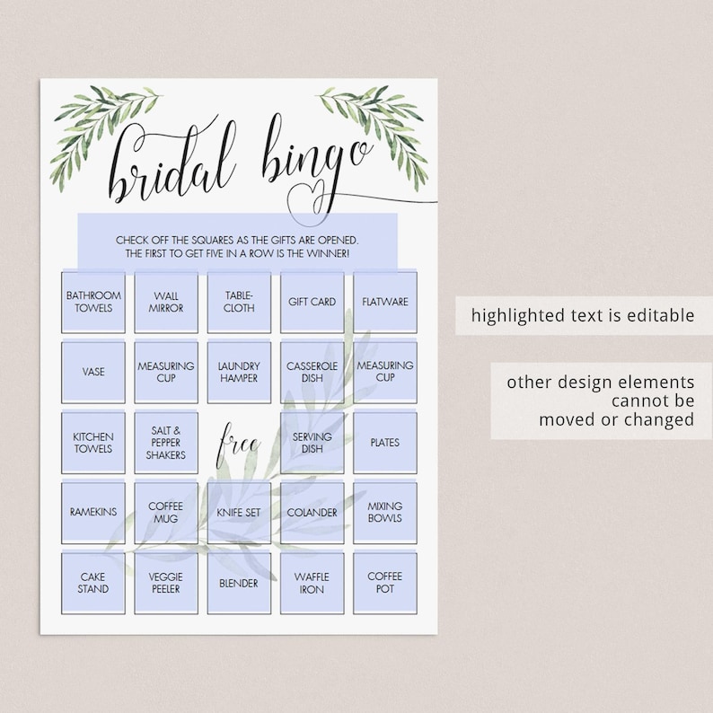 Greenery Bridal Bingo Cards Botanical Bridal Shower Bingo Template Editable Garden Bridal Party Games Printable Green Bridal Shower Game OF2 image 3