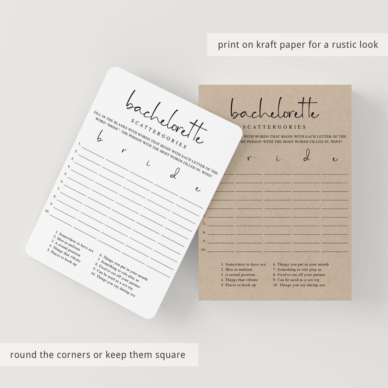 Dirty Bachelorette Scattergories Game Printable Minimalist - Etsy