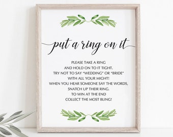 Put a Ring on it Sign Printable Dont Say Wedding Game Greenery Bridal Shower Game Download Wedding Ring Game Sign Shower Decorations DIY GL1