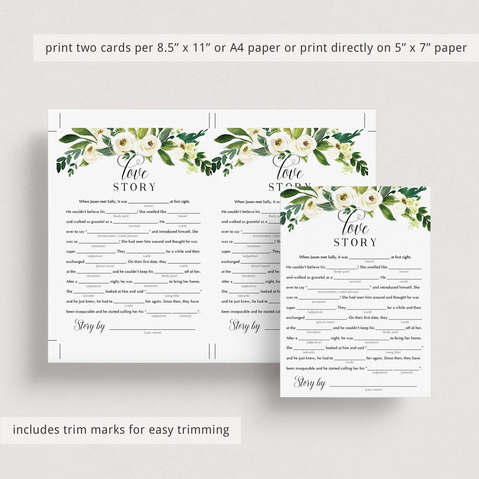 Love Story Mad Libs Bridal Shower Games Printable Greenery - Etsy