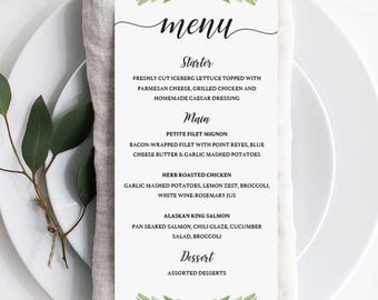 Party Menu Template for Bridal Shower Menu Cards for Wedding Greenery Baby Shower Decorations Menu Template Instant Download Green Leaf GL1