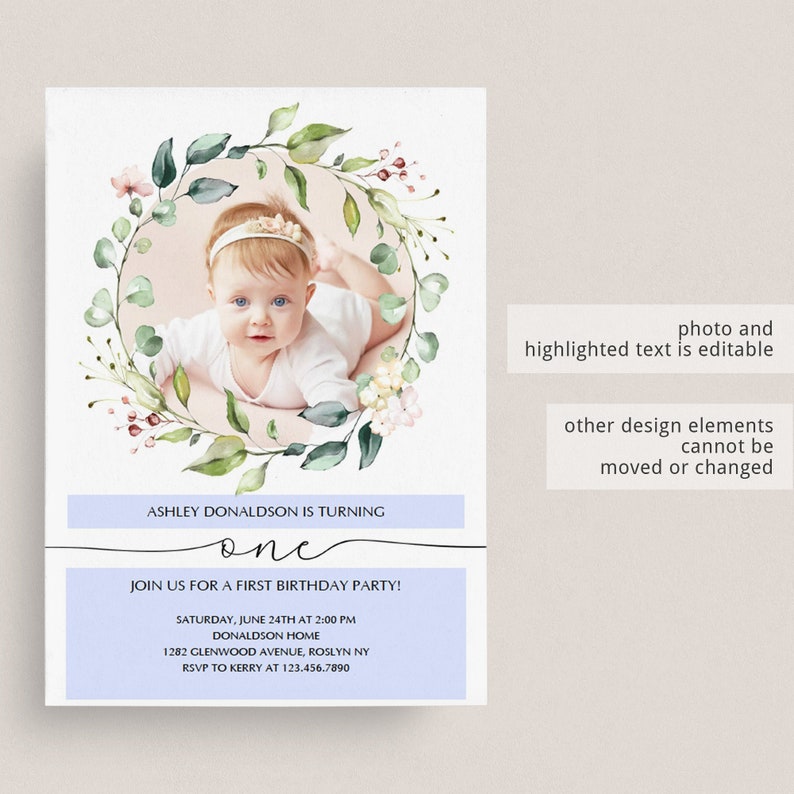 First Birthday Invitation Girl Photo Invitation Template Etsy