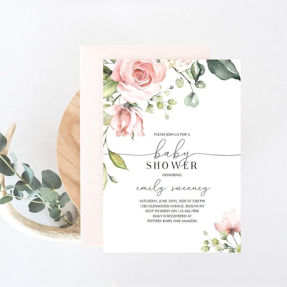 Blush Floral Baby Shower Invitation Girl Instant Download Pink Flowers Baby Shower Invitation Template Girl Babyshower Invites Printable BB1